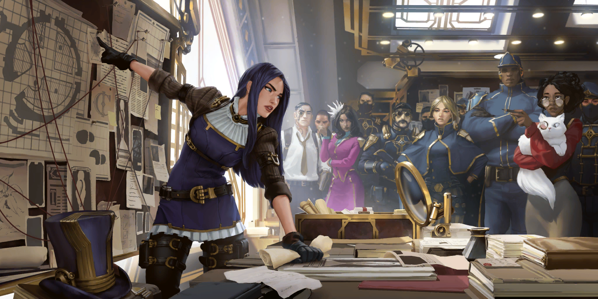 HD PC desktop wallpaper featuring Caitlyn from the video game Legends of Runeterra, set in a detailed, strategic investigation scene with multiple characters.