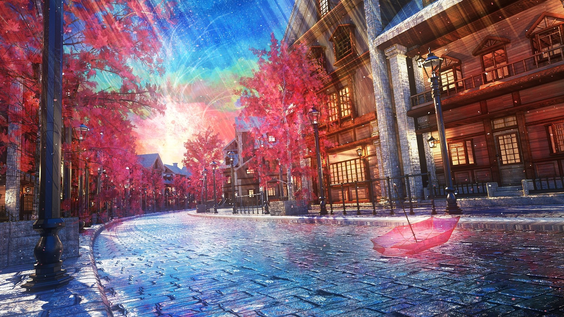 HD anime desktop wallpaper depicting a vibrant street scene with wet cobblestones, glowing lanterns, and pink cherry blossom trees under a rainy sky.