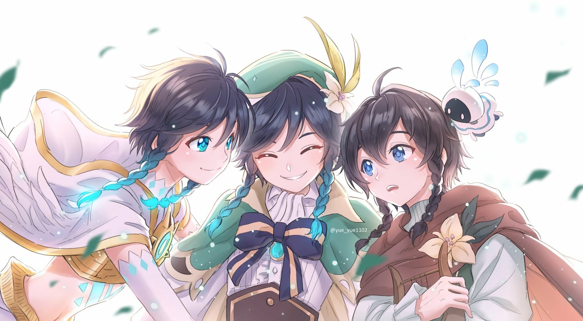 HD PC desktop wallpaper featuring Venti from the video game Genshin Impact, depicted with two other characters in a bright, anime-style illustration.