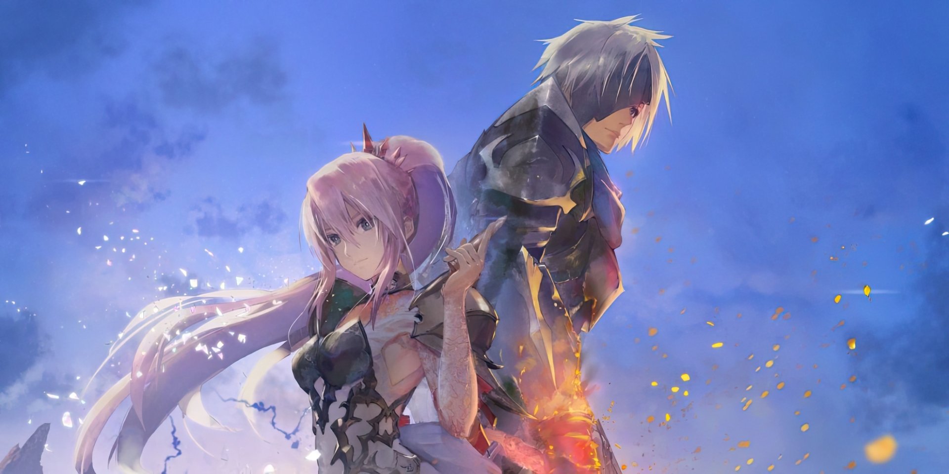 HD desktop wallpaper from Tales of Arise featuring two main characters back-to-back with a dynamic, ethereal background.