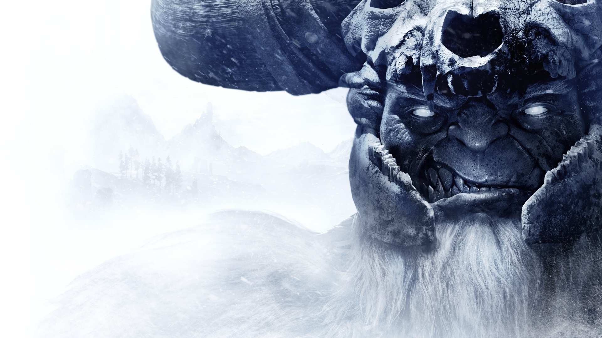 A dramatic HD wallpaper from Dungeons & Dragons: Dark Alliance, featuring a menacing ice giant with a skull motif, set against a misty, snow-covered landscape.