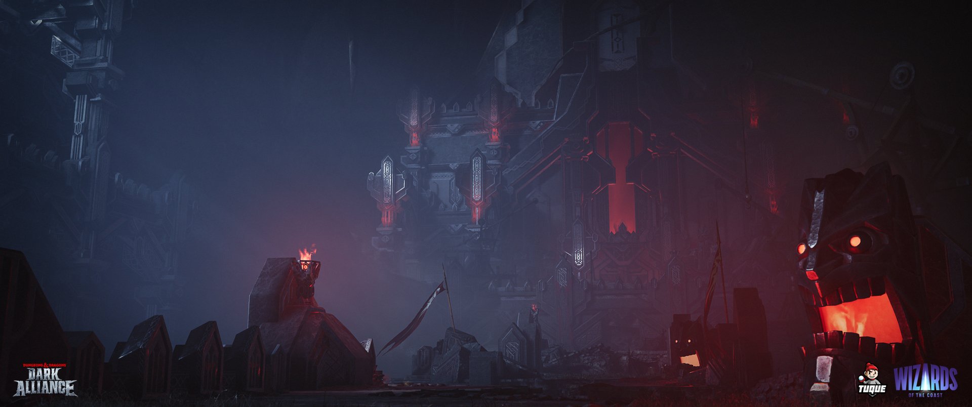 A dark and atmospheric HD wallpaper from Dungeons & Dragons: Dark Alliance, featuring a mysterious landscape with ominous structures and eerie lighting.