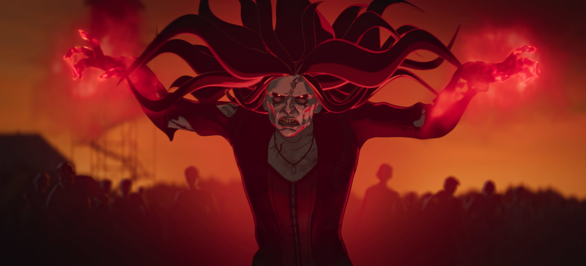 Zombie Wanda Maximoff (Scarlet Witch) from the TV show What If..., glowing red magic around her hands, ominous HD PC desktop wallpaper and background.