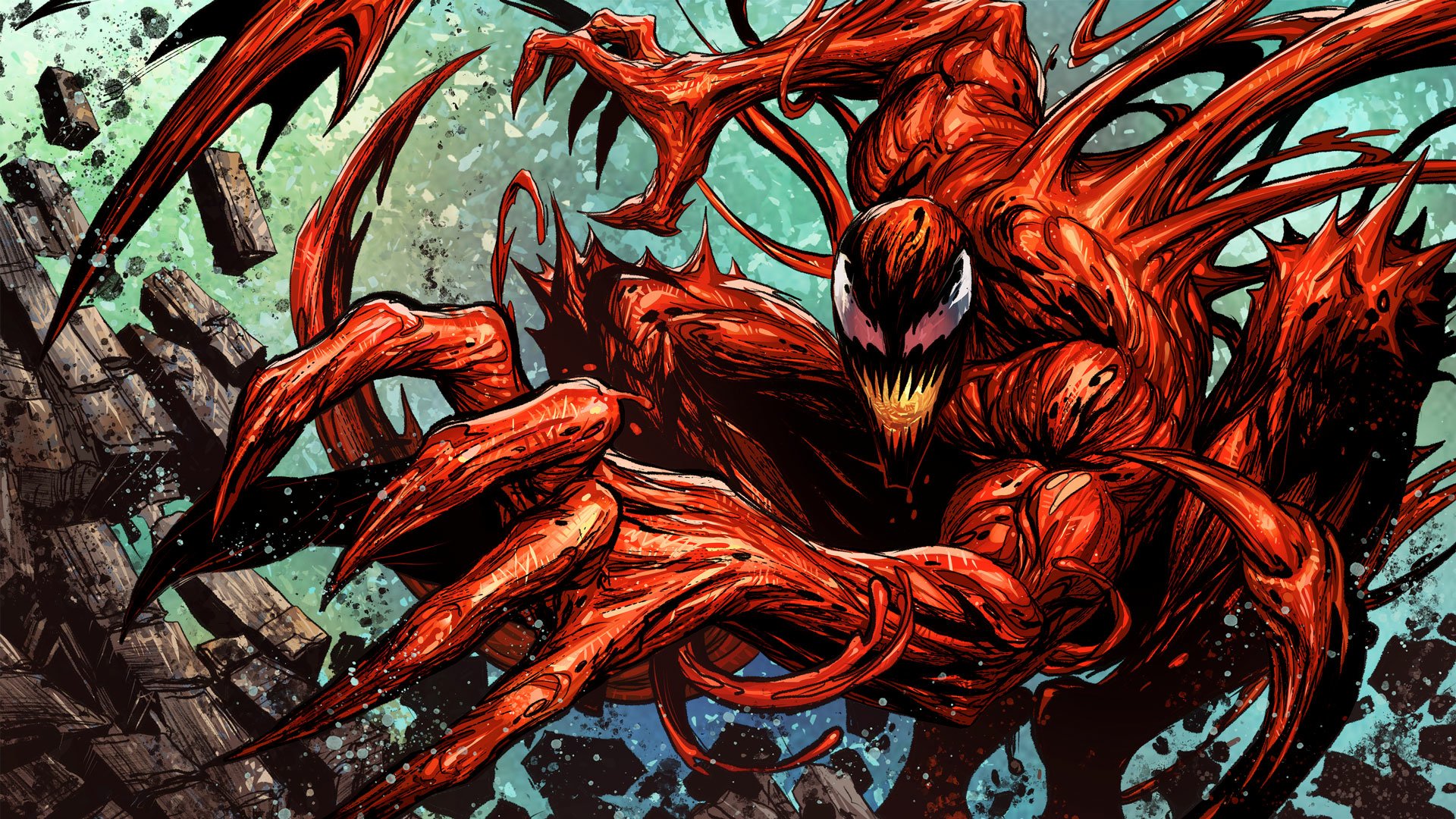 HD Fortnite loading screen wallpaper featuring Carnage from Marvel Comics in an intense, dynamic pose with vivid red symbiote tendrils and a chaotic background.