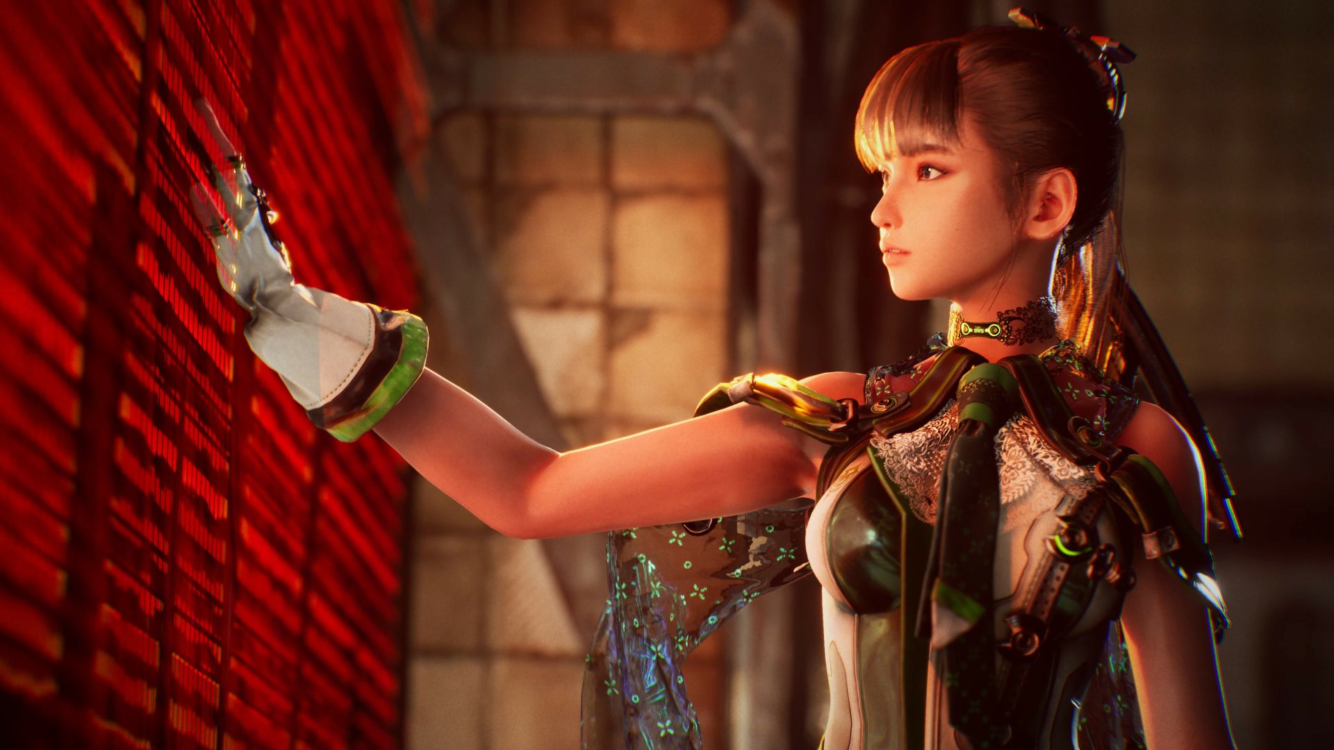 4K Ultra HD PC desktop wallpaper featuring a detailed character from the video game Stellar Blade, reaching out with a robotic hand against a red-lit background.