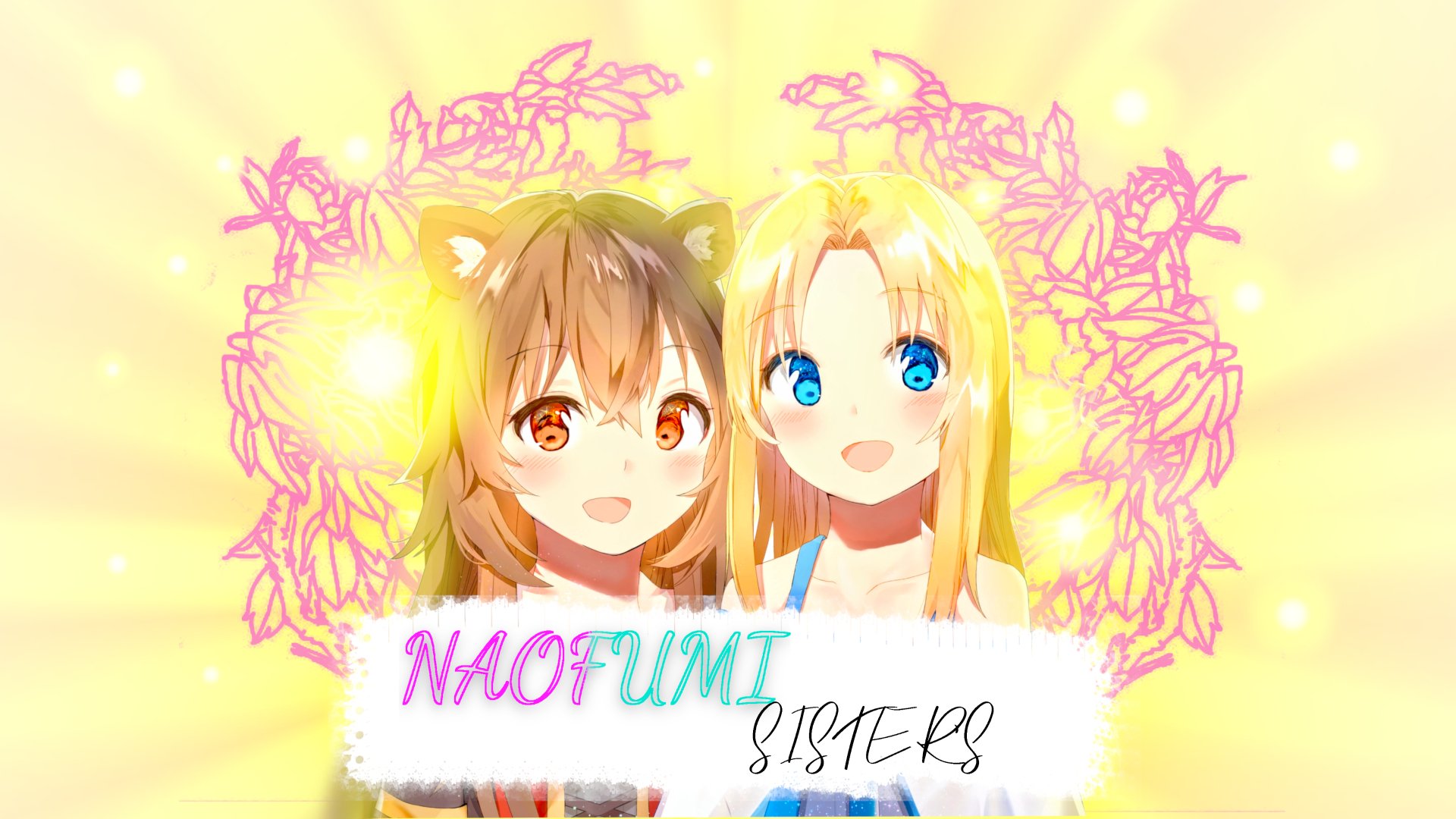 4K Ultra HD anime wallpaper featuring Filo and Raphtalia from The Rising of The Shield Hero, framed by a glowing pink floral design with the text Naofumi Sisters.