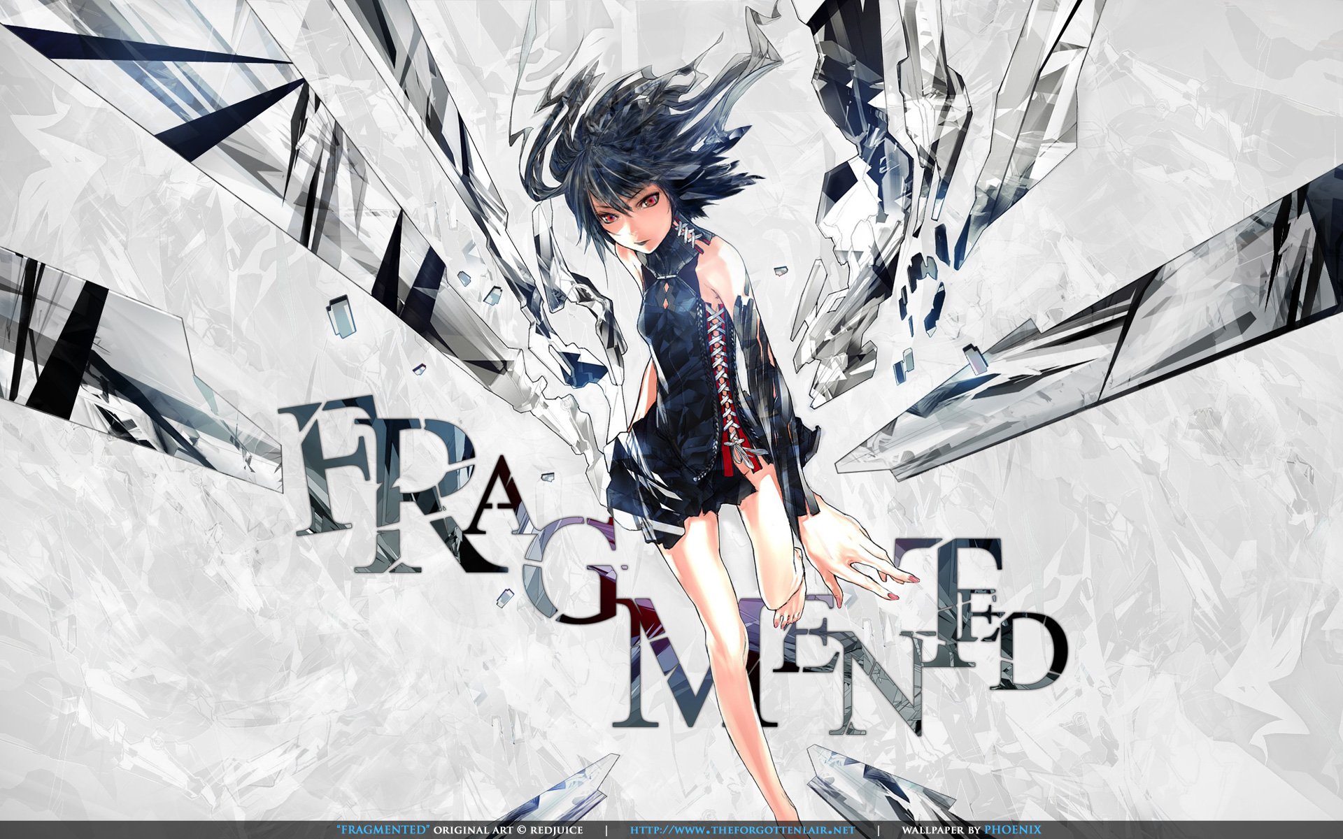 Anime-style original artwork of a character with black hair and red eyes, surrounded by fragmented glass pieces, designed as an HD PC desktop wallpaper.