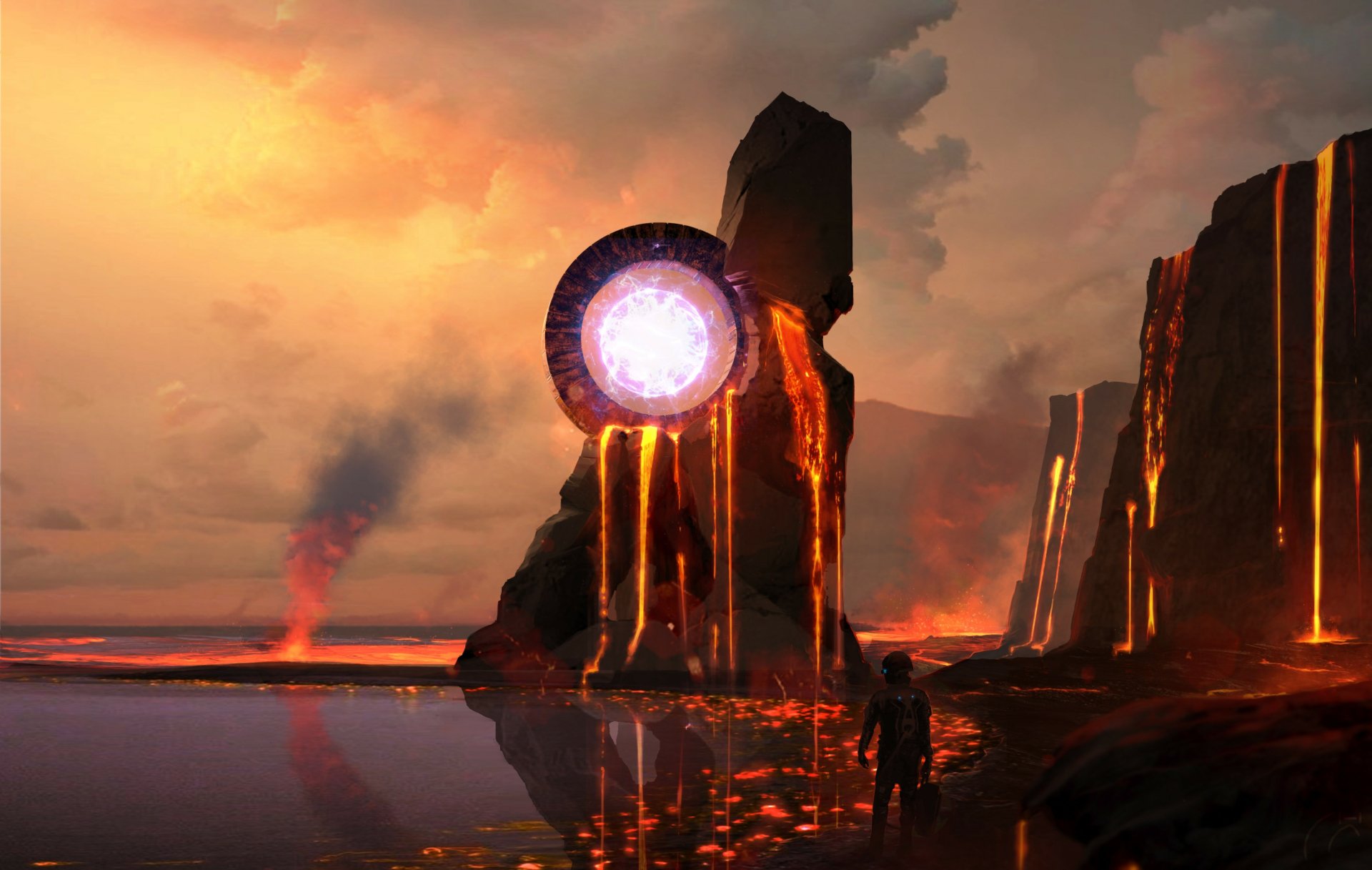 HD desktop wallpaper featuring a mystical structure with glowing core by a lava-like coast under a dramatic sunset sky.