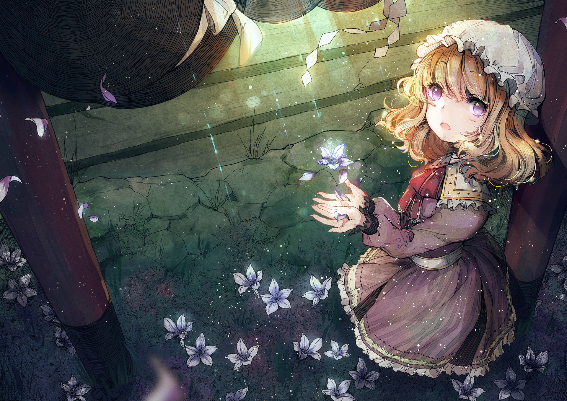 HD anime desktop wallpaper featuring Maribel Hearn from Touhou, depicted in a serene stone garden scene with glowing white flowers and soft, ambient lighting.