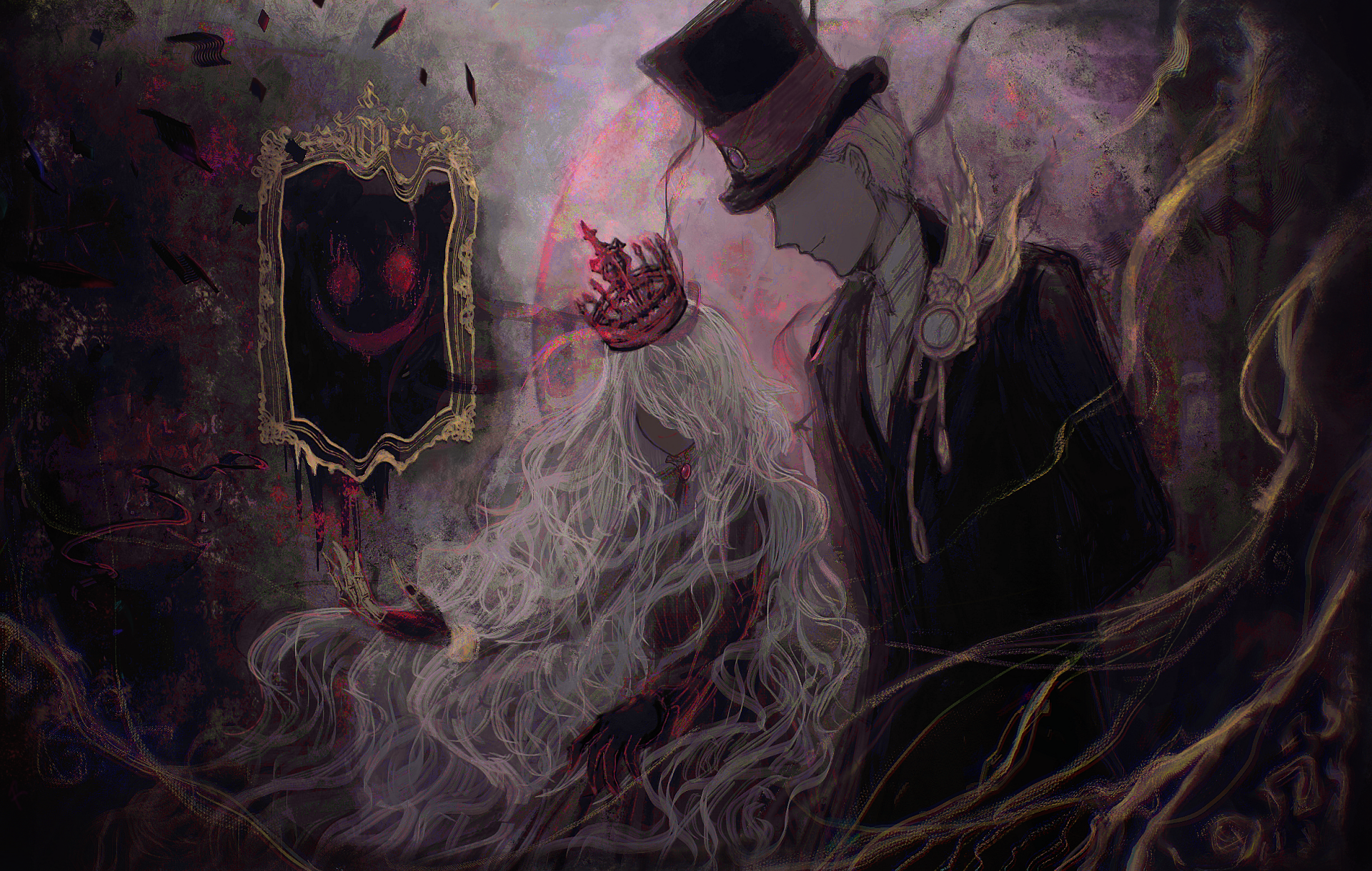 HD anime wallpaper from The Case Study of Vanitas featuring The Shapeless One, Naenia, and Teacher in a dark, eerie setting with a mysterious mirror.