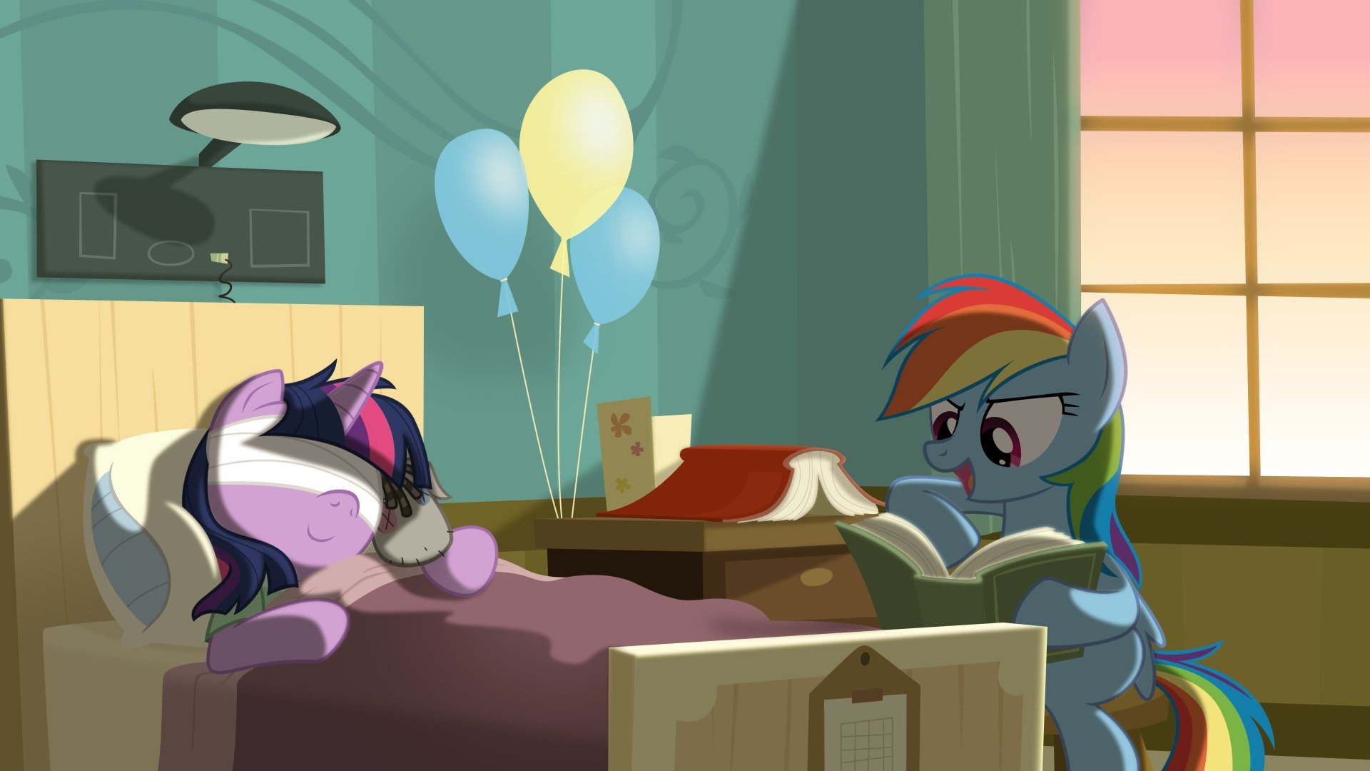 4K Ultra HD PC wallpaper of Rainbow Dash reading a book to sleeping Twilight Sparkle in a cozy room — My Little Pony: Friendship Is Magic TV show background
