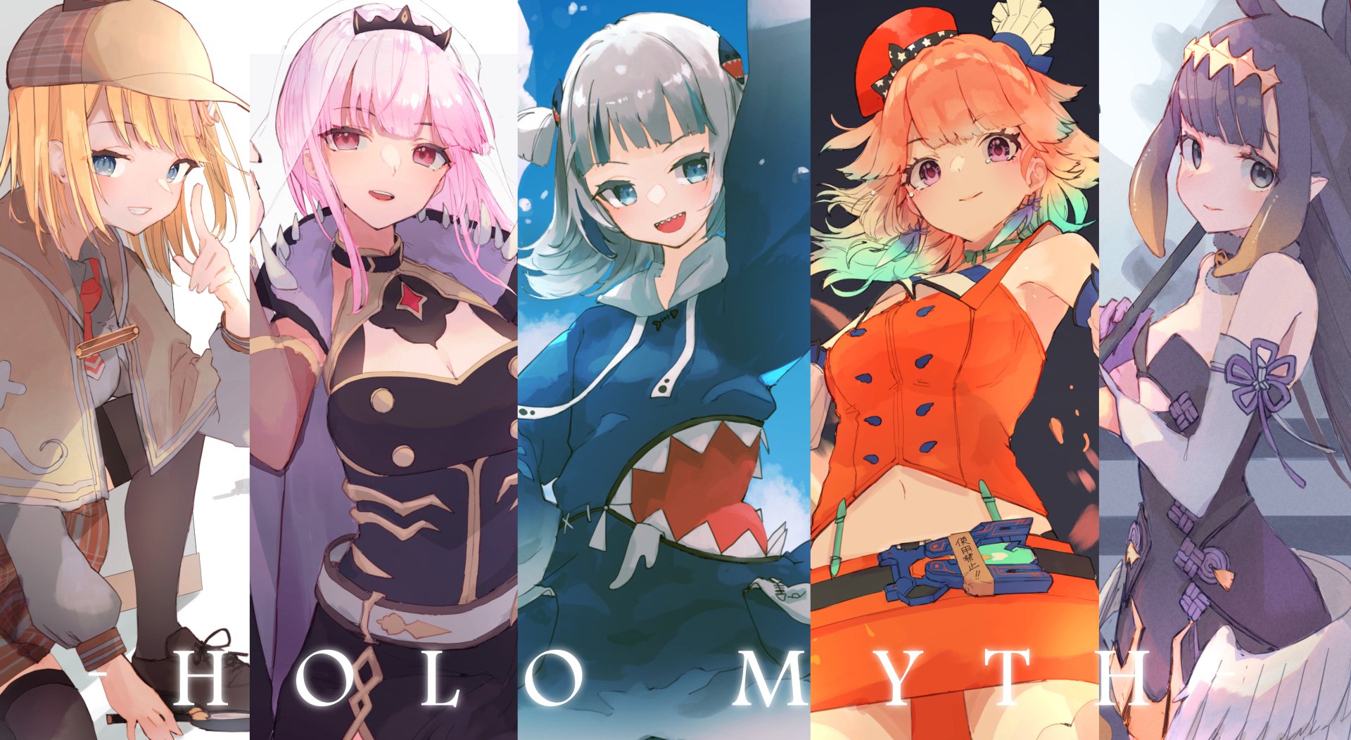 4K Ultra HD PC desktop wallpaper featuring hololive virtual YouTubers Watson Amelia, Takanashi Kiara, Ninomae Ina'nis, Mori Calliope and Gawr Gura in colorful anime style