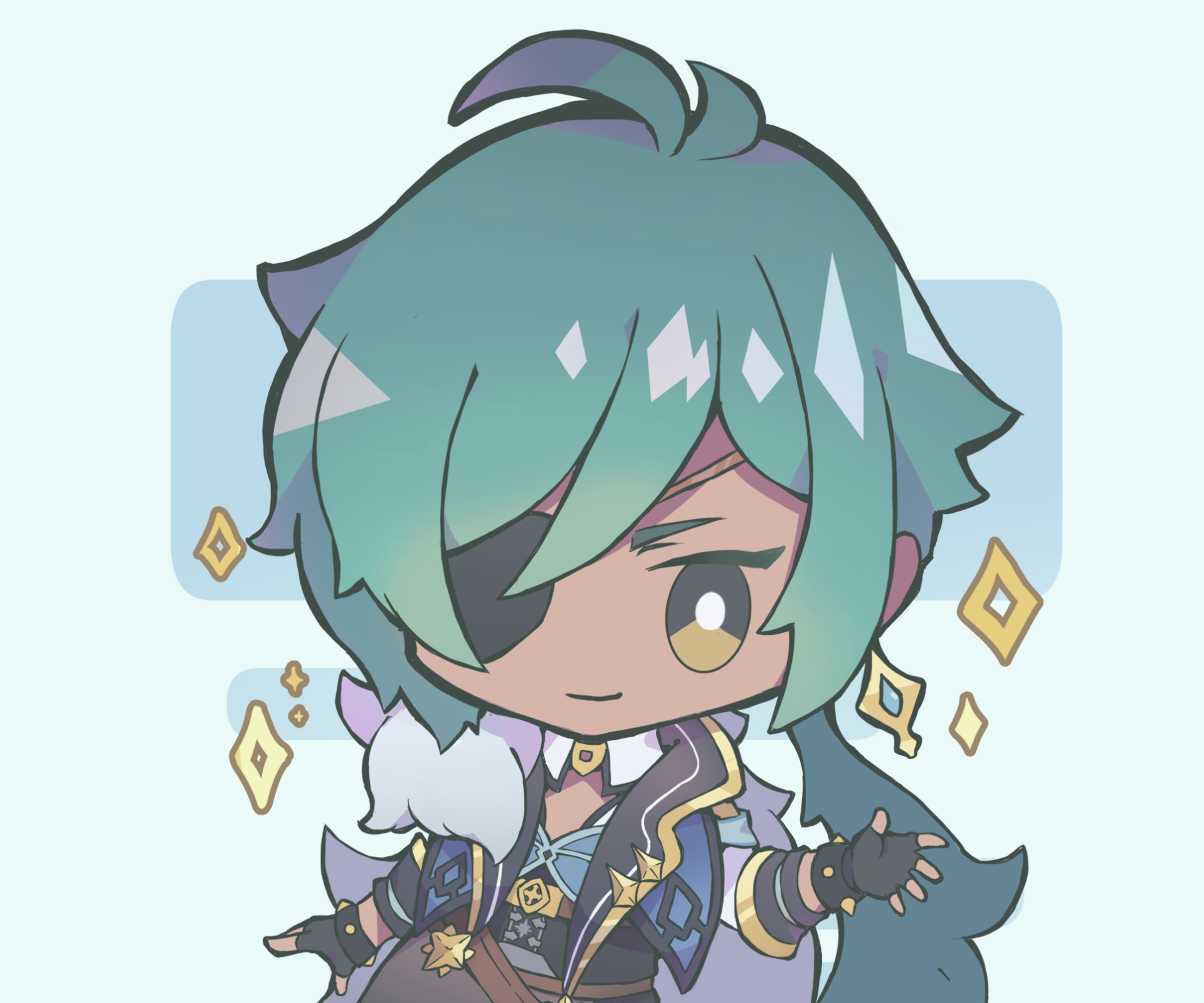 Chibi Kaeya (Genshin Impact) with teal hair, gold eye and sparkles — HD PC desktop wallpaper/background of the video game character.