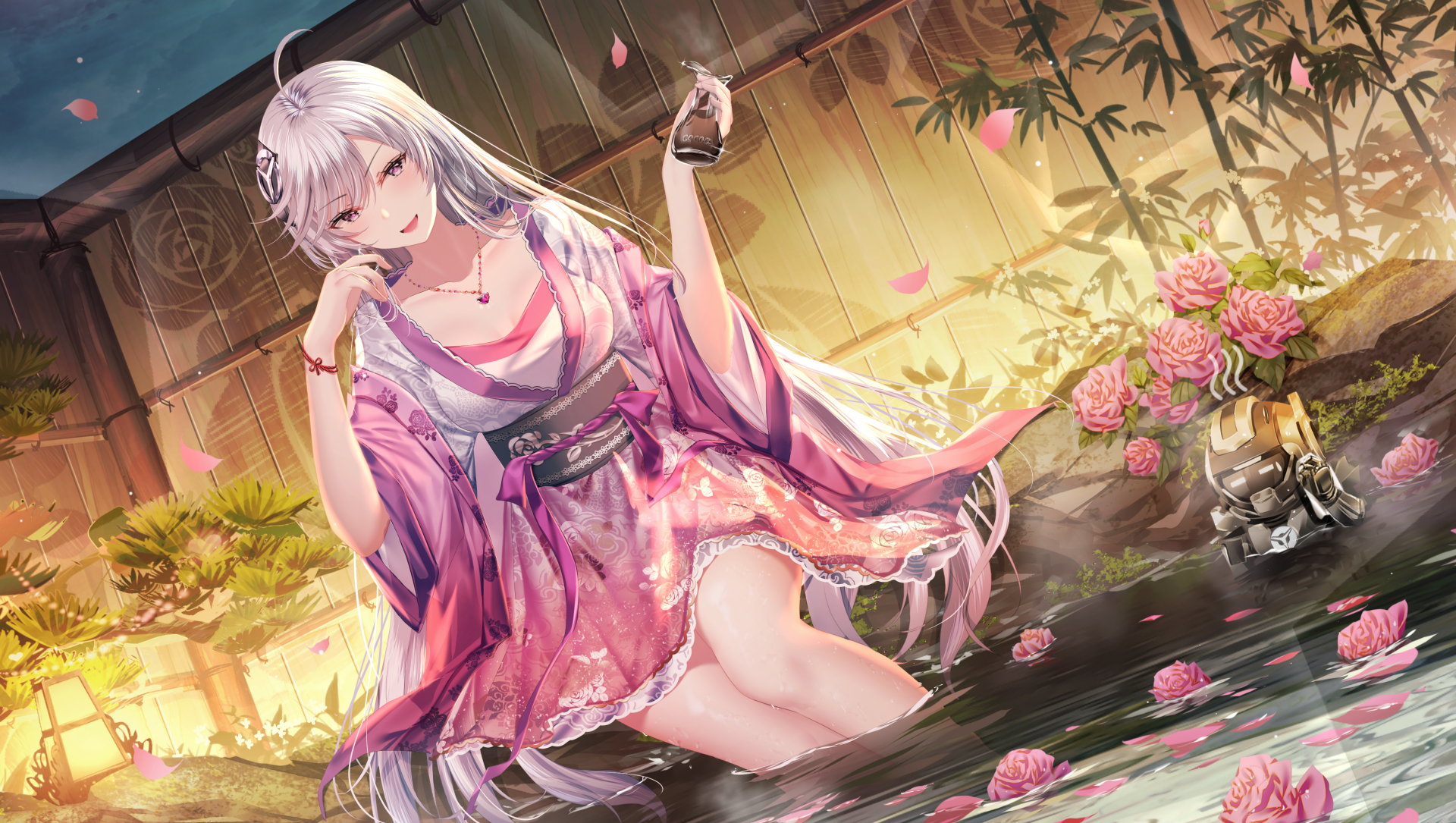 Anime girl with long white hair in a flowing pink outfit relaxes in a serene water setting surrounded by flowers, rendered in 4K Ultra HD for PC wallpaper.