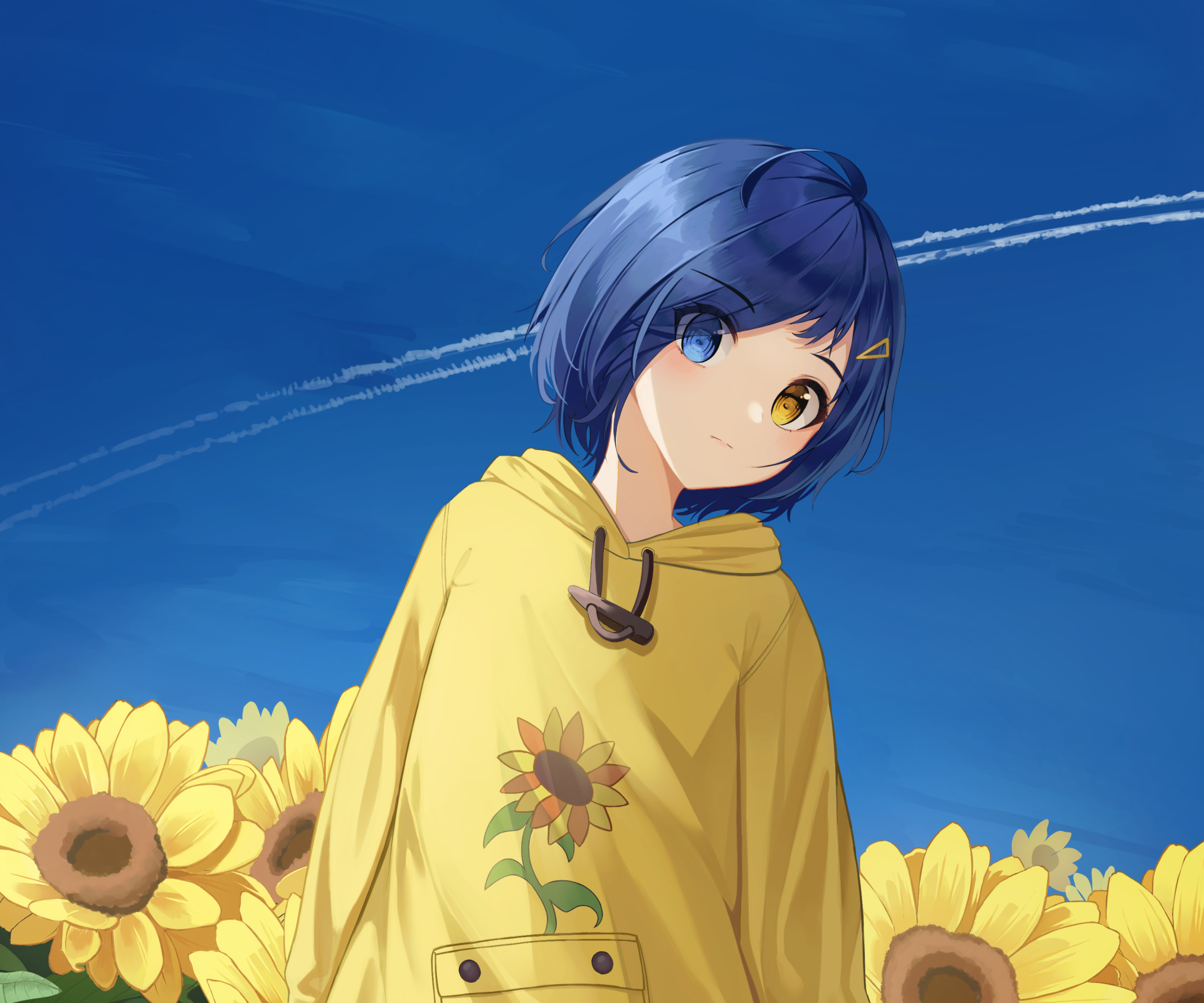 2K Quad HD PC anime desktop wallpaper/background of Ai Ohto (Wonder Egg Priority): heterochromia—one blue, one gold eye—sunflower-printed yellow hoodie among sunflowers beneath a clear blue sky.