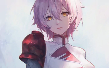 Jeanne from The Case Study of Vanitas anime HD desktop wallpaper: close-up of pale-haired Jeanne with golden eyes and a red pauldron against a soft pastel background