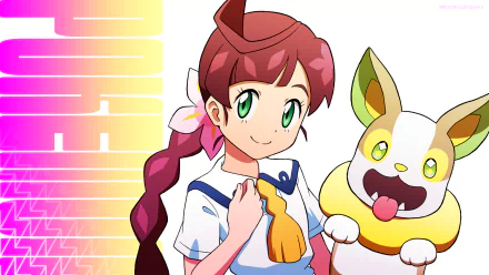 HD PC desktop wallpaper featuring Chloe from Pokémon holding the cheerful Yamper, presented in vibrant anime style.