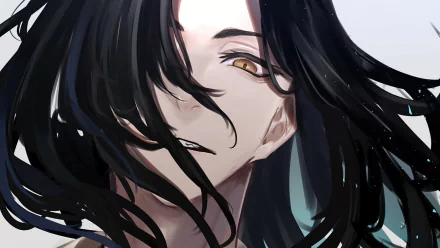 Close-up of Keisuke Baji from Tokyo Revengers, long black hair sweeping across his face, amber eyes and smirk — stylized anime HD PC desktop wallpaper/background.
