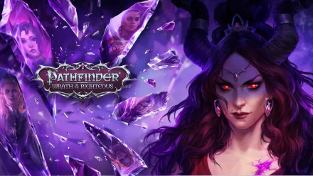 HD desktop wallpaper featuring character from Pathfinder: Wrath of the Righteous game with purple crystal shards background.
