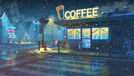 HD desktop wallpaper of a cozy coffee shop building on a snowy evening with neon signs and street lights.