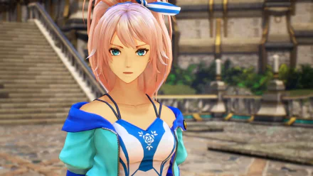 HD desktop wallpaper featuring a character from Tales of Arise, set against an architectural backdrop.