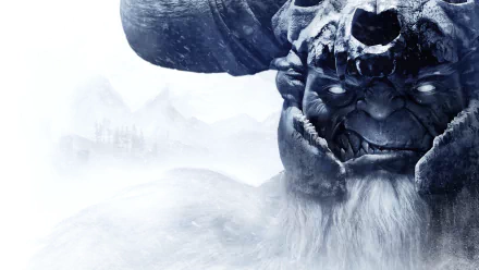 A dramatic HD wallpaper from Dungeons & Dragons: Dark Alliance, featuring a menacing ice giant with a skull motif, set against a misty, snow-covered landscape.