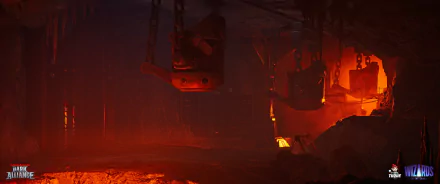 HD desktop wallpaper from Dungeons & Dragons: Dark Alliance featuring a moody, atmospheric dungeon scene with glowing forges and hanging cauldrons.