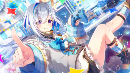 HD PC desktop wallpaper featuring Amane Kanata, a Virtual YouTuber from hololive, depicted in vibrant anime style with a playful, dynamic pose.