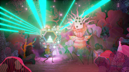 HD desktop wallpaper featuring a vibrant scene from The Artful Escape video game with psychedelic colors and whimsical character design.