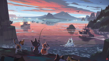HD fantasy desktop wallpaper showing three cats fishing by a rocky shore at sunset, with boats and distant mountains under a colorful sky.