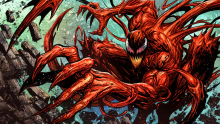 HD Fortnite loading screen wallpaper featuring Carnage from Marvel Comics in an intense, dynamic pose with vivid red symbiote tendrils and a chaotic background.