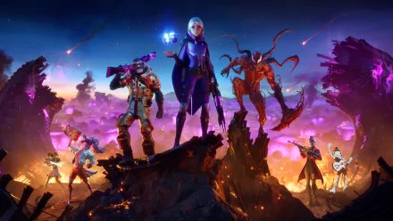 Fortnite characters stand ready amid a fiery, apocalyptic landscape in this vibrant 4K Ultra HD PC desktop wallpaper.