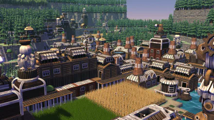 HD desktop wallpaper featuring a Timberborn game village with wooden structures, farmland, and lush green trees in the background.