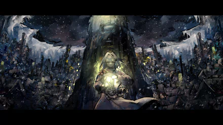 4K Ultra HD Frostpunk-themed wallpaper featuring Ouro Kronii, an anime-style Virtual YouTuber, set against a dramatic, icy post-apocalyptic landscape.