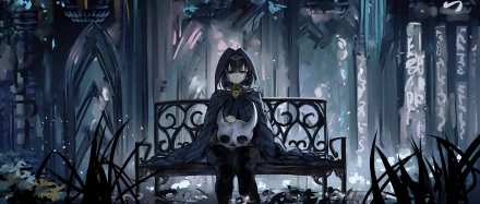 HD PC desktop wallpaper featuring Ouro Kronii, a Virtual YouTuber, styled in an anime-inspired Hollow Knight theme, seated on a detailed wrought-iron bench in a dark, atmospheric setting.