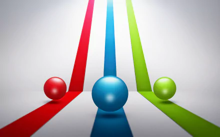HD desktop wallpaper featuring three colorful spheres in red, blue, and green with corresponding RGB light beams on a neutral background, representing RGB color model concept.