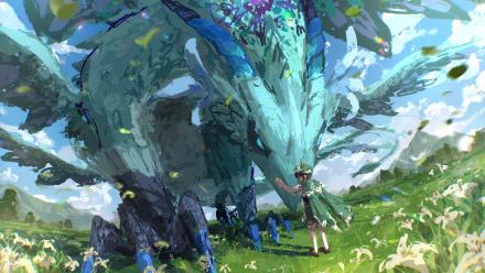 HD PC wallpaper featuring Genshin Impact's Venti standing in a sunlit meadow before the towering dragon Dvalin, petals and wind swirling around them.