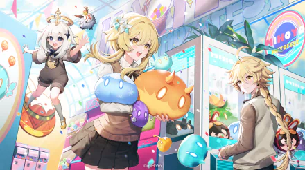 A vibrant 4K Ultra HD desktop wallpaper featuring Genshin Impact characters Lumine, Aether, and Paimon with colorful slimes in a lively arcade setting.