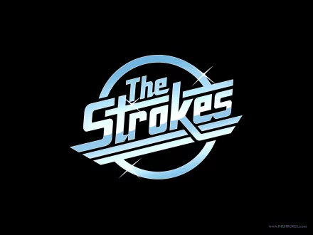 HD desktop wallpaper featuring The Strokes band logo in shiny blue text with a circular design on a black background.
