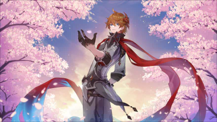 HD PC desktop wallpaper featuring Tartaglia Childe from the video game Genshin Impact, standing amidst vibrant cherry blossom trees under a colorful sky.