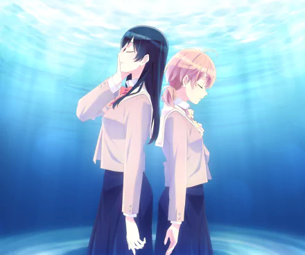 HD desktop wallpaper featuring Touko Nanami and Yuu Koito from the anime Bloom into You, depicted standing back-to-back underwater with serene expressions.