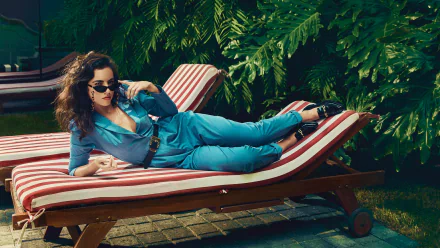 Cristina Rodlo lounges on a striped chaise in a vibrant blue outfit, surrounded by lush greenery, creating an eye-catching HD desktop wallpaper and background.