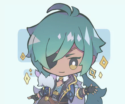 Chibi Kaeya (Genshin Impact) with teal hair, gold eye and sparkles — HD PC desktop wallpaper/background of the video game character.