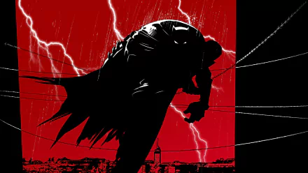Batman stands silhouetted against a red sky with lightning, an intense scene from DC Comics' The Dark Knight Returns, designed as an HD PC desktop wallpaper.
