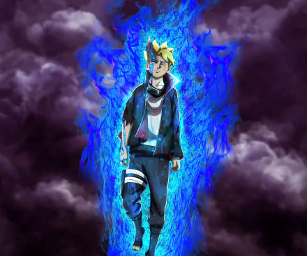 Boruto Uzumaki (Borushiki) surrounded by blue chakra flame, standing before stormy clouds — anime 4K Ultra HD PC desktop wallpaper.