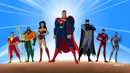 HD desktop wallpaper of Justice League (2017) / Justice League Unlimited: Superman, Batman, Wonder Woman, Flash (Barry Allen), Aquaman, Cyborg, and Shazam (Billy Batson) standing heroic under a radiant sky.