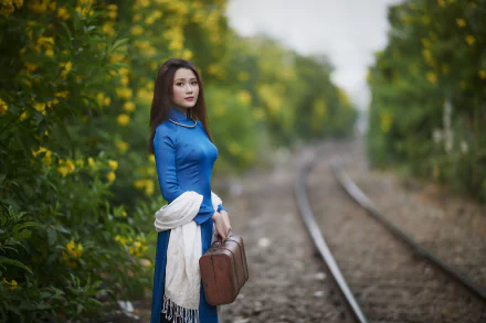 Brunette Asian woman in a blue dress stands by railway tracks surrounded by greenery, captured with a shallow depth of field in 4K Ultra HD quality.