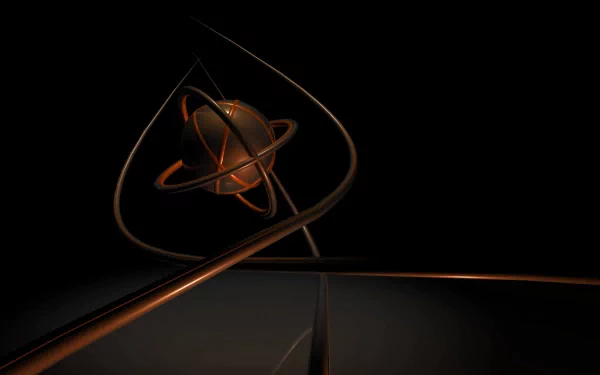 Artistic CGI HD PC desktop wallpaper of a glowing bronze orbital sphere suspended in twisting metallic ribbons above a dark minimalist background.