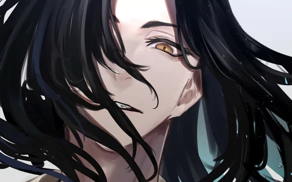 Close-up of Keisuke Baji from Tokyo Revengers, long black hair sweeping across his face, amber eyes and smirk — stylized anime HD PC desktop wallpaper/background.