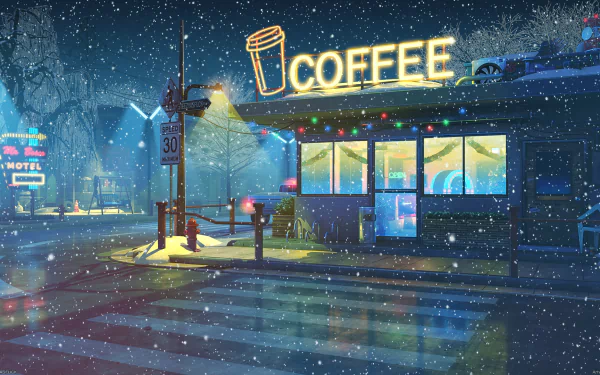 HD desktop wallpaper of a cozy coffee shop building on a snowy evening with neon signs and street lights.